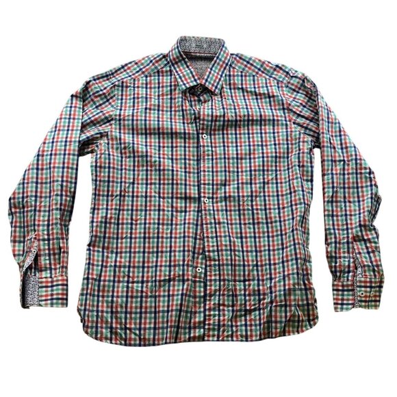 Bugatchi Mens Dress Shirt Medium Shaped Fit Long Sleeve Checkered Button Up Clas - Picture 1 of 14